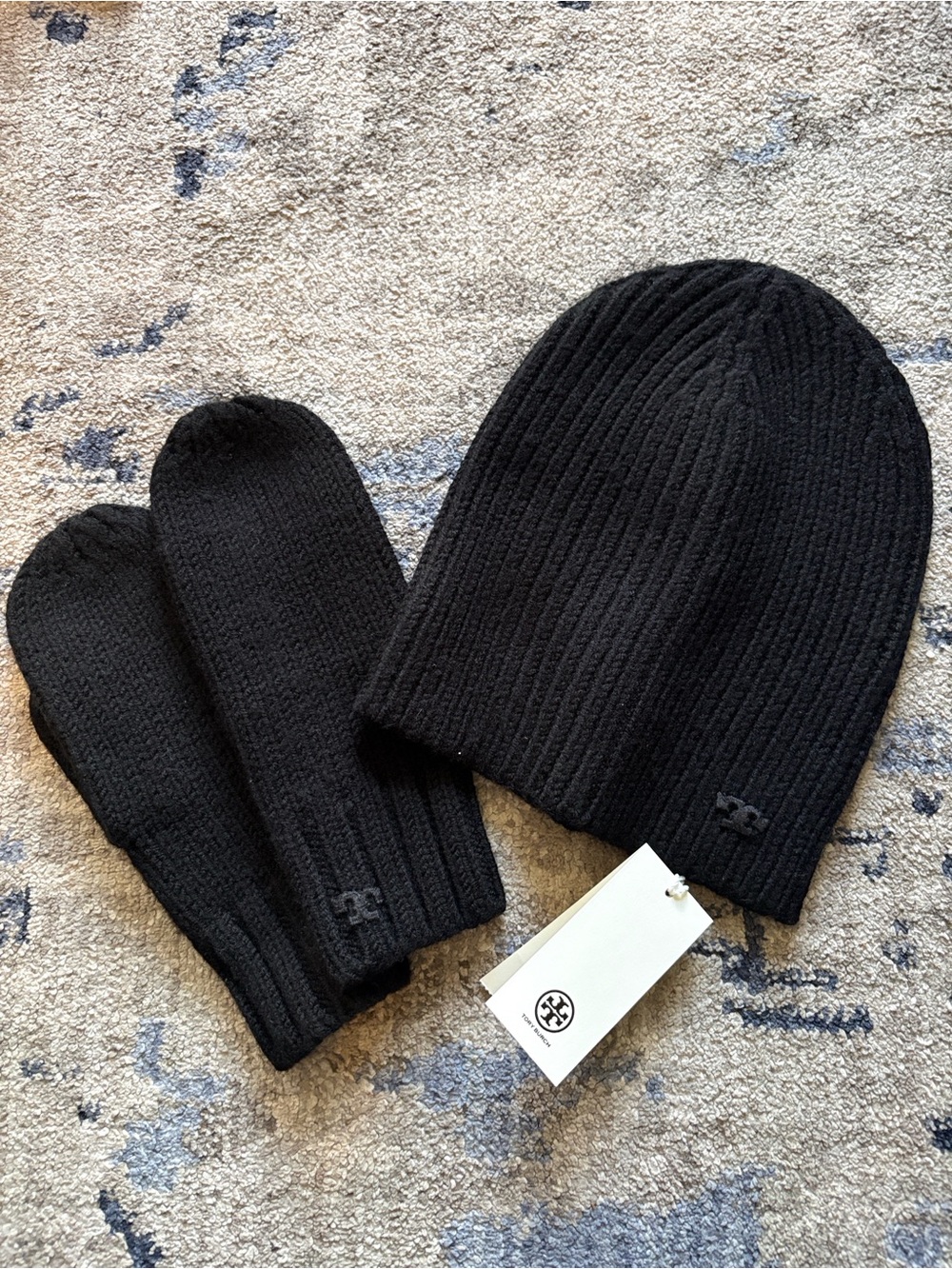 Tory Burch Black Ribbed Knit Beanie and Mitten Set